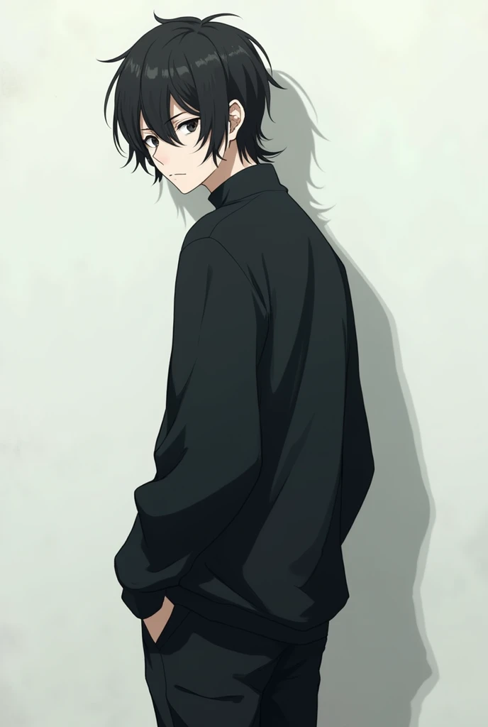 The image is in the style of a Ghibli studio anime., although somewhat gloomy and adult, A 20-year-old young man appears in it. He is standing in front of a white wall, He is seen almost turned on his back, He has medium-long hair and black eyes.. He appears serious. you wore an oversized black sweater and black pants,