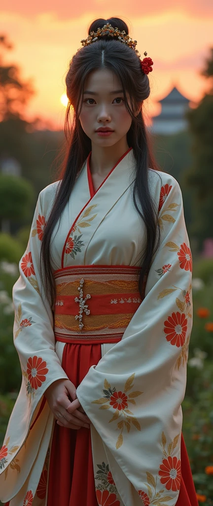 1579 years,Front view , ((whole body,Standing in the garden), The Azuchi-Momoyama Period of Japan, View your viewers, Beautiful Japanese Woman,Her name is Hosokawa Graci, Front view , ((Full-body, standing on garden), a Japanese ancient girl, looking at viewer, girl is 20 years old, (Highly detailed face, Black  long hair ,Brown eye, Variegated eyes, Fuller lips, little Lips, serious, hair decoration), (middle breasts, middle hip), (Japanese beautiful white silk kimono, below flower pattern), standing in Japanese Osaka castle, night, sunset , ((Surrealism, Verism, UHD, retina, masterpiece, anatomically correct, accurate, textured skin, super detail, high details, high quality, best quality, highres, 8k))
