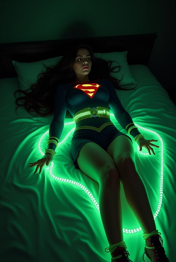 LAYING HELPLESSLY ON ON HER BED, IN A PITCH BLACK ROOM A BONDAGE SCENE WHERE A HOT SUPERGIRL WITH LONG BLACK HAIR WEARING HER ICONIC SUPERGIRL OUTFIT AND CAPE, HER HANDS, WAIST AND FEET TIED UP TOGETHER WITH GLOWING GREEN KRYPTONITE ROPE. INCREDIBLE DETAILS, HYPER DETAILED IN 8K RESOLUTION