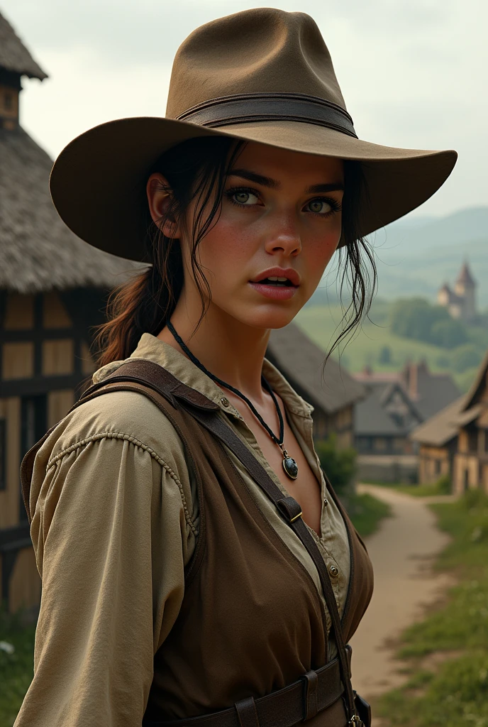 What Indiana Jones&#39; face would look like, being a woman, in peasant clothing, of Polish origin in the Middle Ages (a surprised face)
