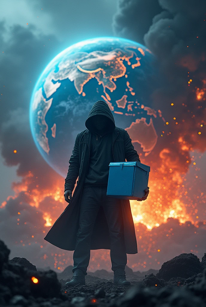 Hacker holding blue washing powder while the Earth is exploding in the background.