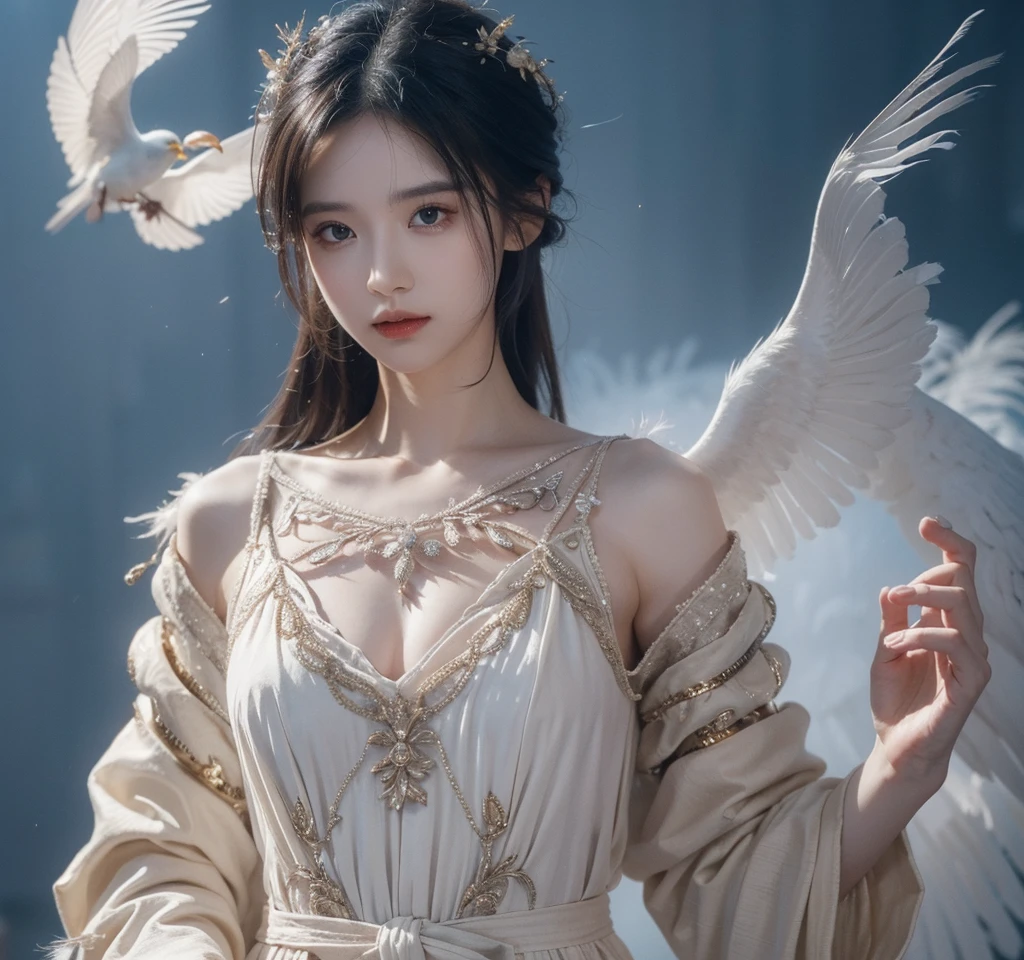 The scene is atmospheric、wide, Pictures of ancient sacrifices, Smoky, Birds in human clothes are dancing, Sunday, (Detailed clothing details, Delicate clothing lighting), Vaguely visible, Detailed bird feathers, Complicated visuals, (Full of weird and mysterious pictures), Cloudy background, The photos are realistic, 8K,