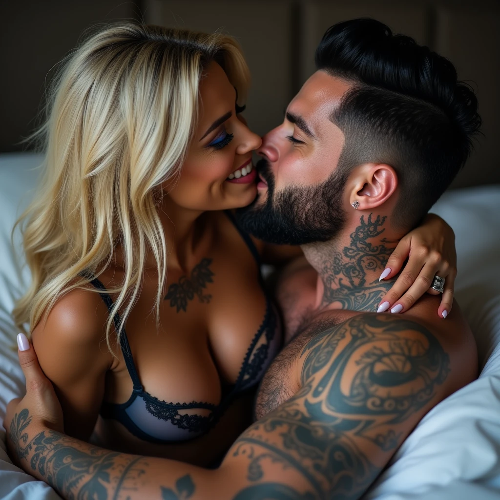 High resolution, multiple views, vivid, hd, zoomed out, a gorgeous smiling, Caucasian woman, long blonde hair with blue hair ends, blue eyes, beautiful makeup and contour, tattoos, big breasts, seductively making out on a bed, wearing lace lingere, kissing a handsome white man with jet black hair with skin fade, short black beard, tattoos, hickies on neck, blue eyes, athletic build, muscles, hand gripping her waist and throat