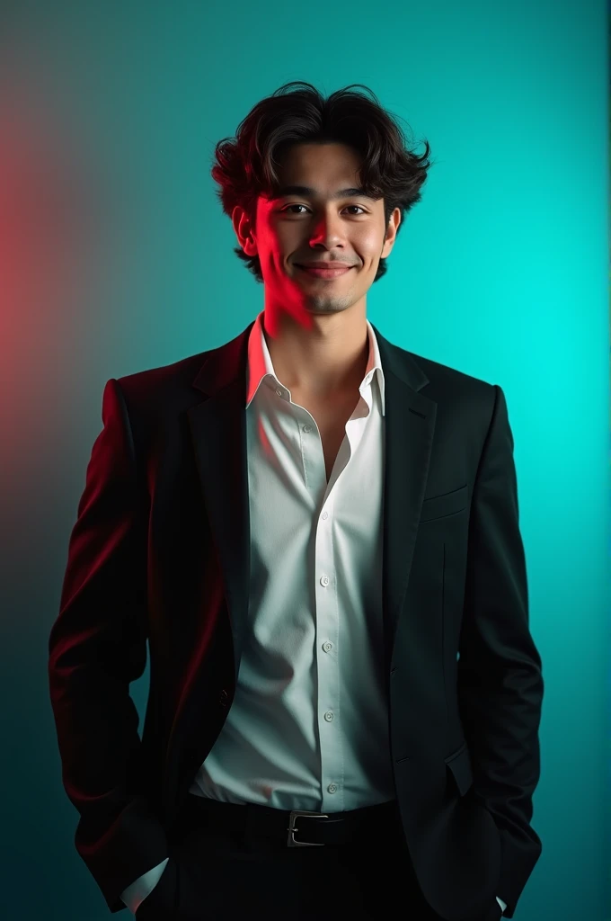 A young man with dark curly hair and a confident smile. he is dressed in a black blazer over a white shirt .the men is positioned against aqua colour black drop with a subtitle red lighting on the left side and he positioning for LinkedIn.
