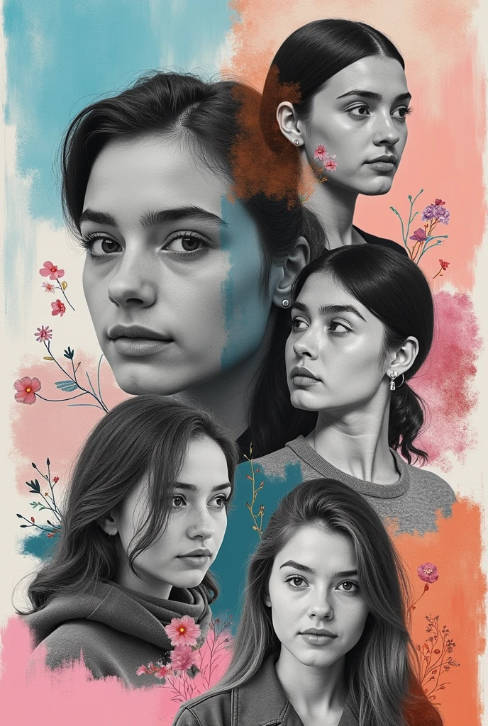 I have to creatively create a poster for a film festival, The theme is to intervene in history and requires using black and white photos.. I must use an official palette of a pastel sky blue, pastel pink and a pastel copper color, They want us to intervene in the image with different techniques, with crayons, figures embroidered on the image, Textures, collage, etc. The name of the film festival is FICUC. I want you to create suggestions for the poster right now, The photos used have a general theme and it is students making films., However, they are several very different black and white photographs that are intended to be the protagonists of the intervention.. Make it look handmade and remember that the poster is advertising a film festival.