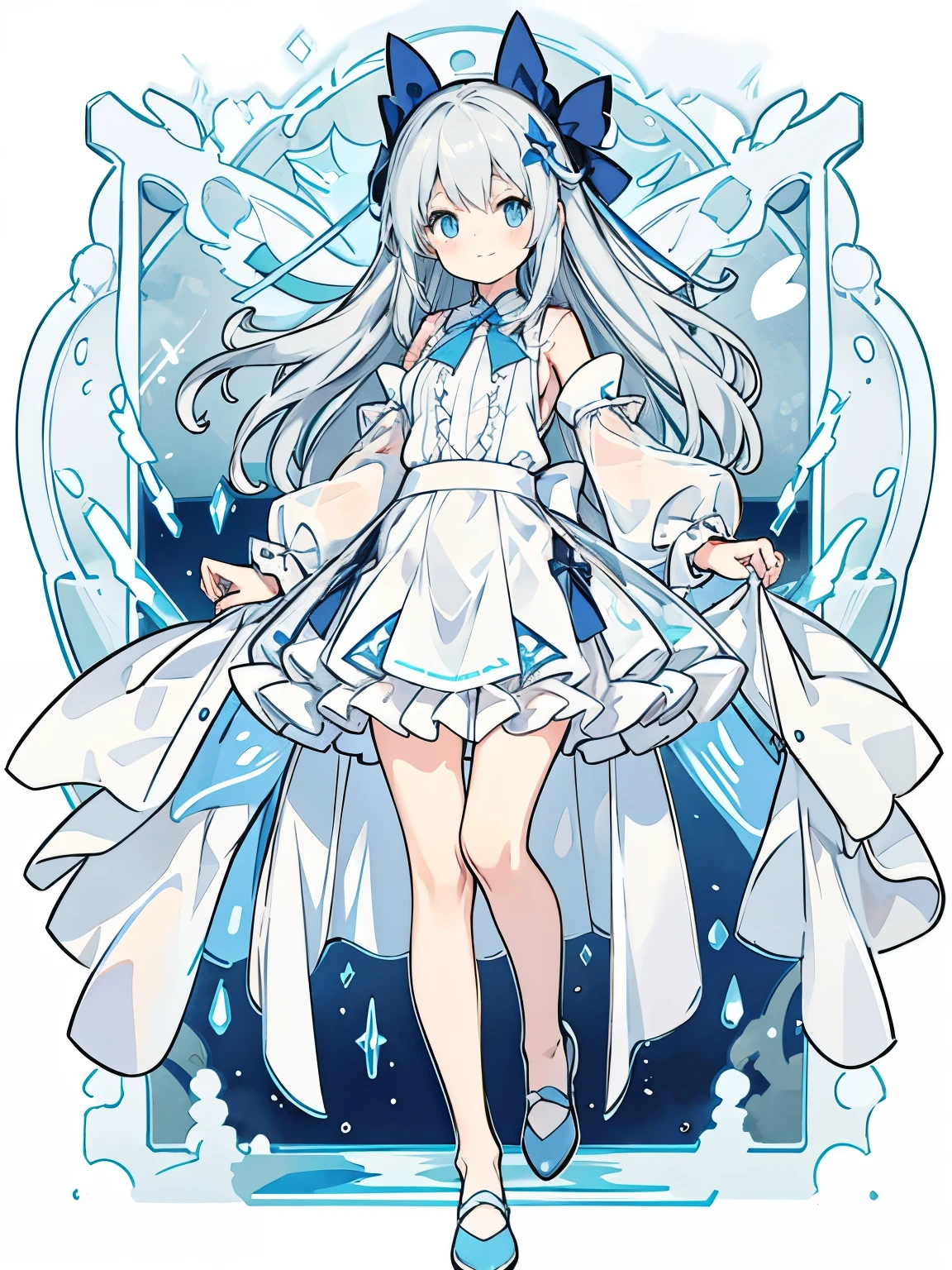 One person　Small stature　low length　Baby Face　cute　Light gray hair　Long Hair　Blue colored eyes　Magical girl　witch　whole body　Transparent shoes　Big Tits　Big Breasts　Sheer clothing　Embarrassed　A little smile　　a shirt with a triangular hole in the stomach　Transparent hair　A long, transparent skirt that is hidden at the front　Transparent ribbon　Transparent frills　Overall, a lot of white　Clothes with holes from armpit to skirt