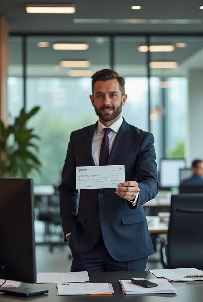 Take a picture of a sales consultant at a desk with a check in his hand