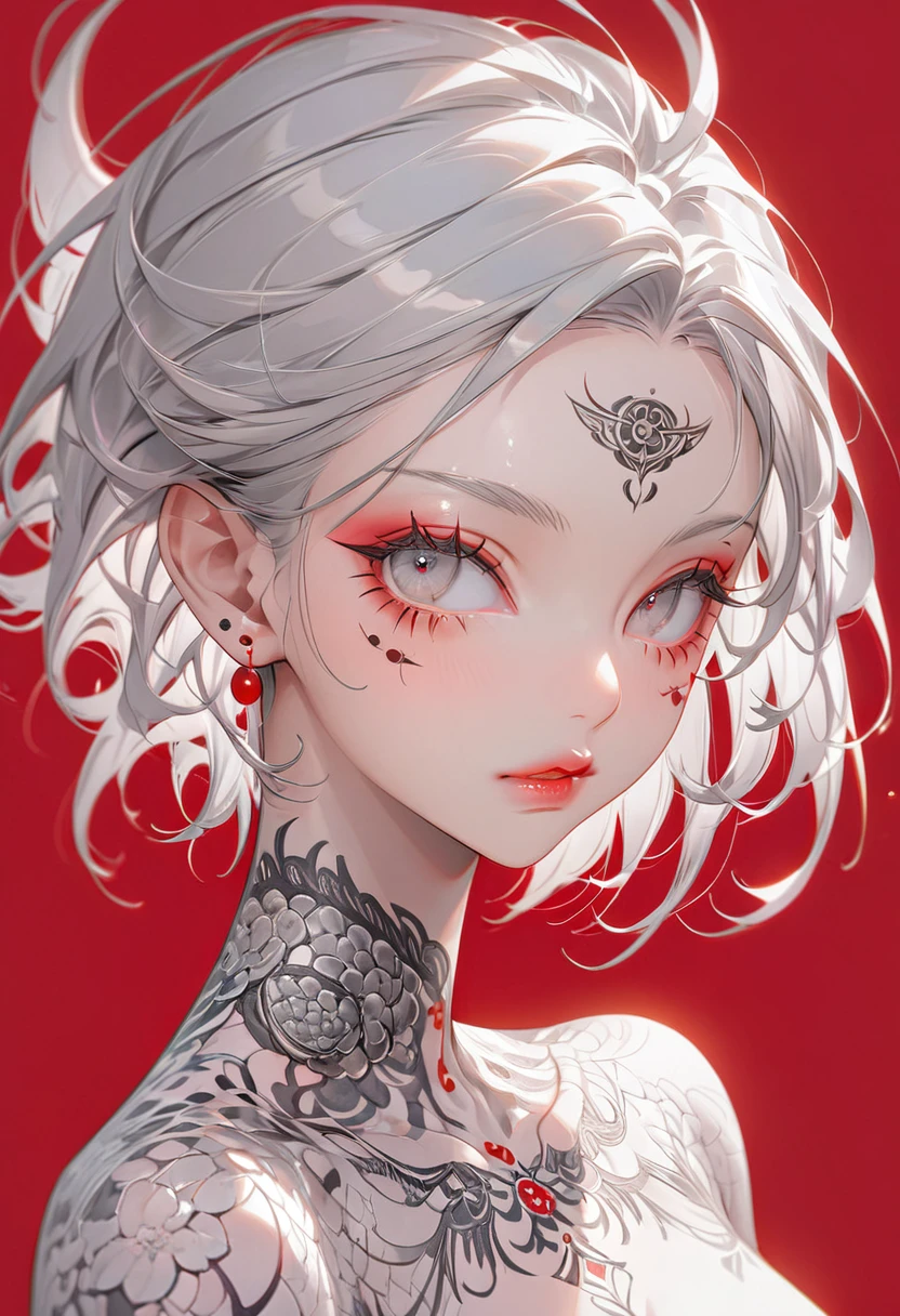 Crimson Background、(Highest quality,Very detailed,High resolution:1.2),Slim albino girl,Gray-haired berry shorthair,gray bangs,very_Long eyelashes, Detailed lips, Cool look, Soft Skin, Shiny Hair,Exquisite makeup,Neck tattoo,Shot from above,Posing