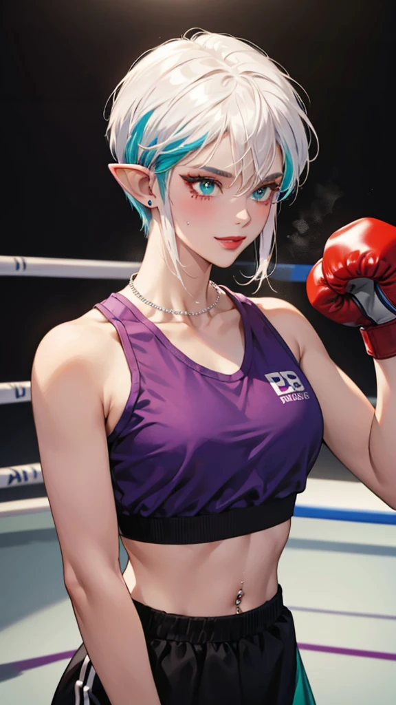 8k, masterpiece, best quality, highly detailed, 1 girl, elf, pixie cut, multicolored hair, very short straight hair red highlight hair on white hair, strippled hair, earrings, navel piercing, red eyeshadow, long eyelashes, blushed cheek, red lips, pearl necklace, rings, collarbone, mole on face, glamorous, teal and purple clothes, sleeveless, sport skirt, sport bra, smirk, close up view, rings, looking at viewer, boxing gym, boxing glove, MMA