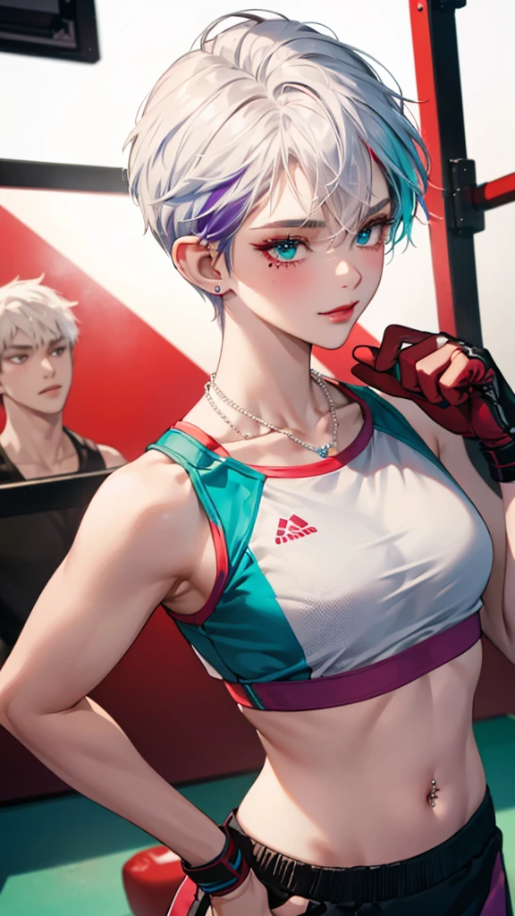 8k, masterpiece, best quality, highly detailed, 1 girl, elf, pixie cut, multicolored hair, very short straight hair red highlight hair on white hair, strippled hair, earrings, navel piercing, red eyeshadow, long eyelashes, blushed cheek, red lips, pearl necklace, rings, collarbone, mole on face, glamorous, teal and purple clothes, sleeveless, sport skirt, sport bra, smirk, close up view, rings, looking at viewer, boxing gym, boxing glove, MMA