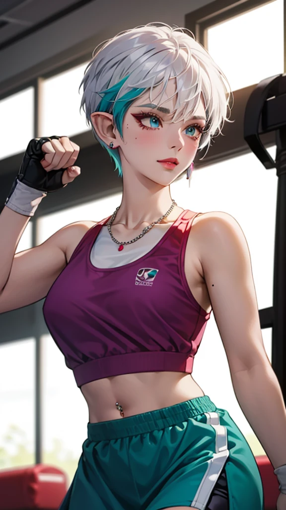 8k, masterpiece, best quality, highly detailed, 1 girl, elf, pixie cut, multicolored hair, very short straight hair red highlight hair on white hair, strippled hair, earrings, navel piercing, red eyeshadow, long eyelashes, blushed cheek, red lips, pearl necklace, rings, collarbone, mole on face, glamorous, teal and purple clothes, sleeveless, sport skirt, sport bra, smirk, close up view, rings, looking at viewer, boxing gym, boxing glove, MMA