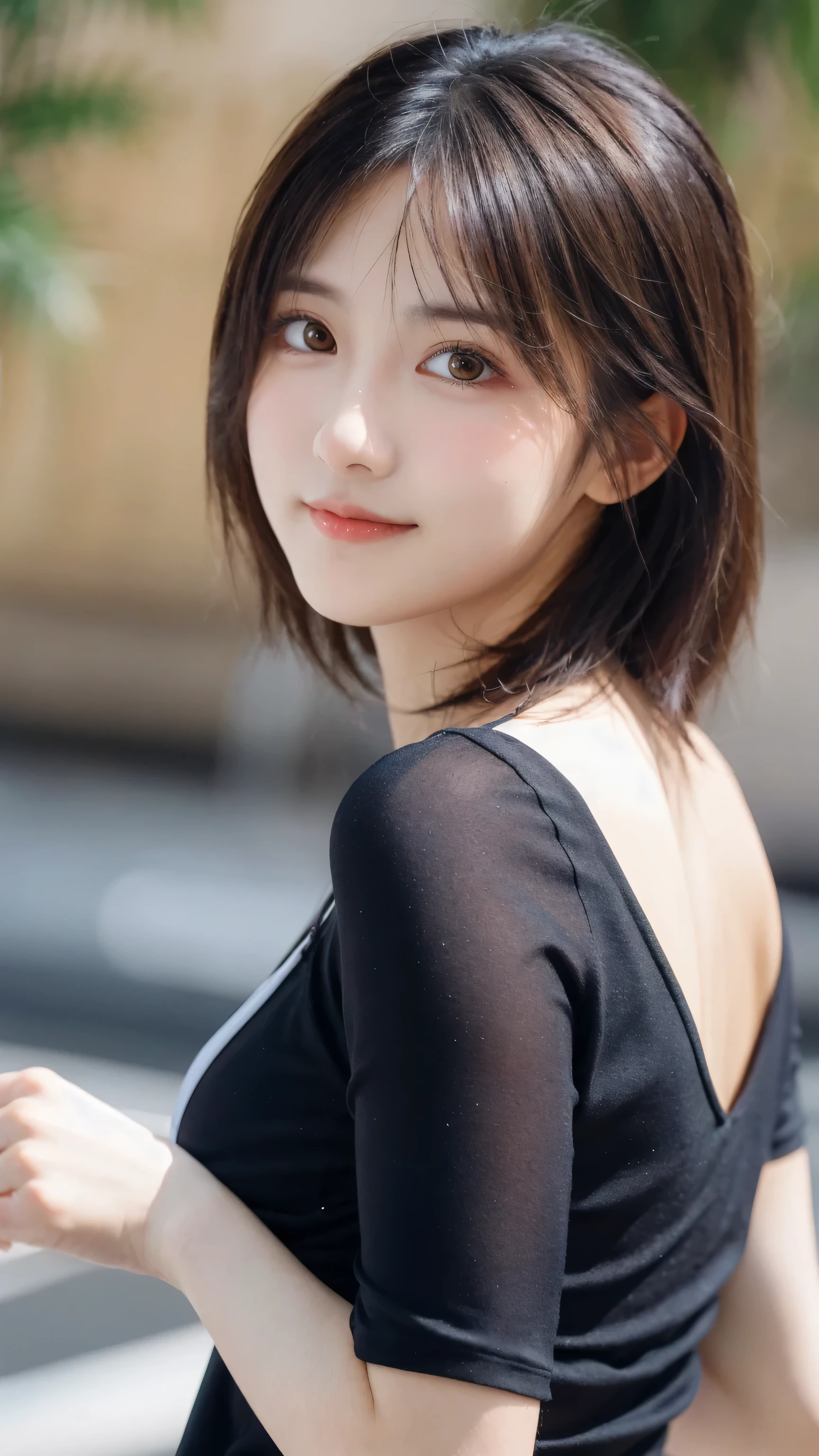 (8k, RAW Photo, Best Quality, Masterpiece:1.2), table top, Ultra Detail, Super Resolution, (Realistic, Realistic Photo:1.37), Portrait, High Detail RAW Color Photo, Professional Photo, Extremely Detailed and Beautiful, Extremely detailed, 8k wallpaper, amazing and detailed, huge file size, official art, highly detailed CG unity 8k wallpaper, highly detailed beautiful girl, highly detailed face, highly detailed eyes, highly detailed skin, highly detailed fingers, highly detailed nose, very detailed detailed mouth , perfect anatomy, highly detailed background, highly detailed clothes, 1girl, ,cute girl, realistic body, fair skin, glowing skin , slim body, handsome body, black hair , Semilong hair, (blunt bangs:1.2), smile, cute, youthful, cute face, realistic face, delicate eyes, drooping eyes, looking at viewer, (from behind), standing posture, Contraposto, dynamic lighting, (big breasts), (Perfect Body Proportions), (slender Body Proportions), tank top, jeans,