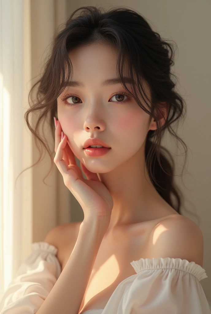 Beautiful girl puts her hand on her face making an ok sign