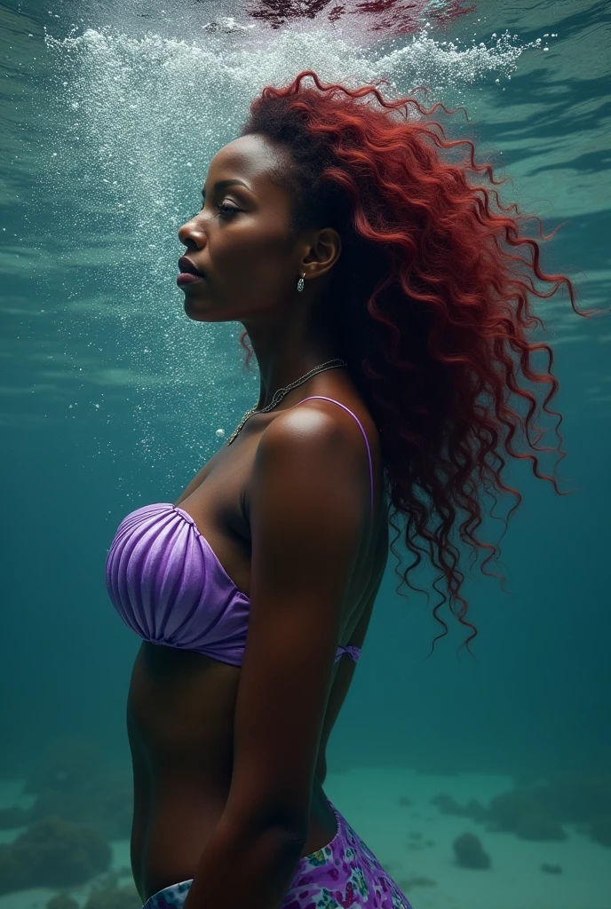 a black woman with red hair is drowing underwater and she is only wearing a purple sea shell bra, back butt view and bubbles are covering her butt