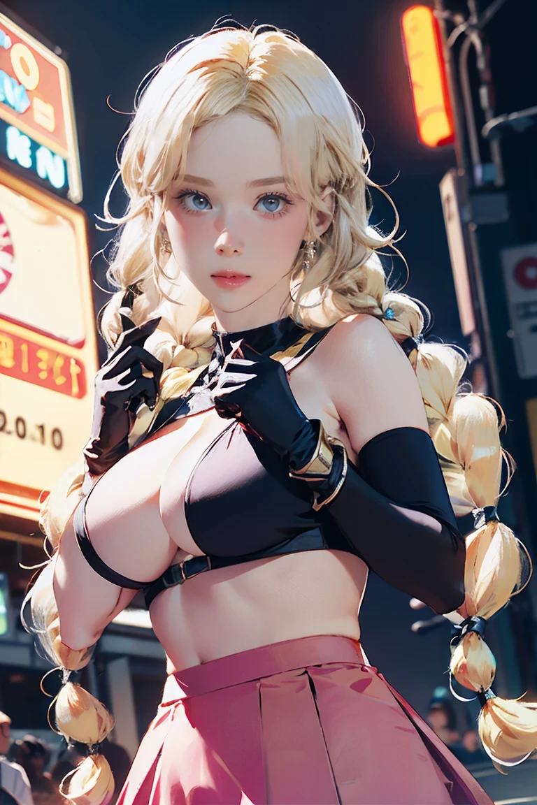 Large Breasts, 8k, masterpiece, RAW Photos, Highest quality, detailed:1.2),Realistic, extremely detaileded CG unity 8k wallpaper, Lens flare, (Very beautiful face, Beautiful red lips, Beautiful Eyes), intricate detailed face, ((ultra detaileded skin)), One person, cute, (Slim, toned and muscular body:1.3), (raced ドレス), (((city night, (Neon Signs), (night))), pantyhose, (((Blue eyes))), ((Upper Body Shot)), Very slim, ((((Blonde hair twin braids)))), (((Silver: pink: skirt dress: gloves race)))))), 3d, Rich colors, (Black Makeup:1.3), (race stockings with garters, cord trim, race), (Intricate detaileded multi-layer bodysiut lacy race-upp), neckrace, bracelet,NSFW