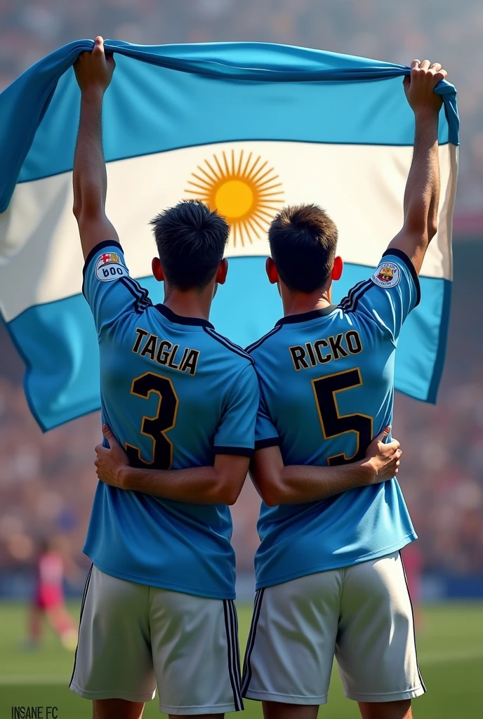 I want an image of the Argentine footballers wearing the Barcelona FC shirts raising the Argentine flag, the one with the number 3 with the name Taglia and the one with the number 5 with the name Ricko and below the number INSANE FC