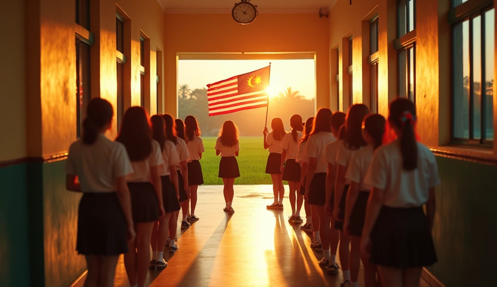 create a cinematic photo of a girls students in the school hallway. The school room is hoisting a Malaysian flag to celebrate independance day. Cinematic and warm morning, Surnrise sky. Green paddy field aspect ratio 16:9