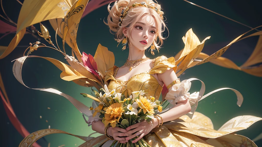 32K, 最高quality, 最高masterpiece, (ultra-Detailed Background, Detailed Background), High resolution, Super detailed, Very detailedな, 1 personの, (bouquet:1.3), (Tangled:1.2), (Geometric:1.2),(colorful),(masterpiece, quality, best quality, Official Art, Beautiful and beautiful:1.2), (1 person:1.3), Very detailed,(colorful:1.1)(Flowers:1.3),Most detailed,(Tangled:1.2), whole body, (Abstract background:1.3), (Skin glows), (Many colors:1.4), ,(Earrings Jewelry:1.5), Pale yellow background, It's imaginative., Milk tea colored hair, Updo,