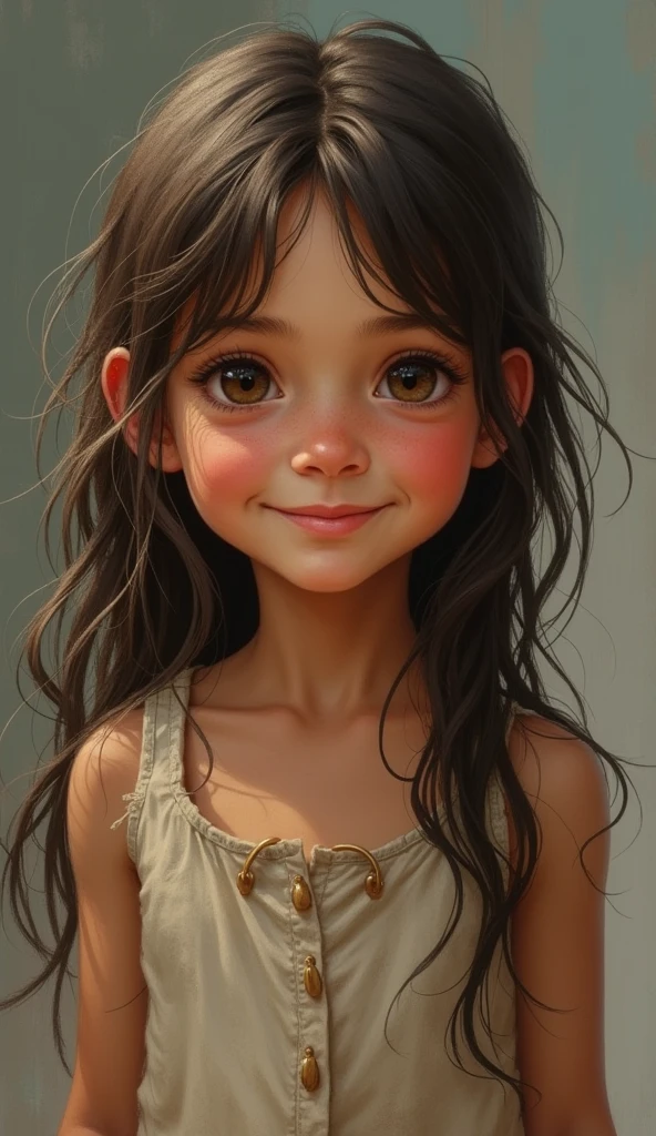 Lily is a young girl, around 10 or , with a delicate and innocent look. Her long, unkempt brown hair frames her face, and she’s dressed in simple, worn clothes. She’s often barefoot, showing signs of her impoverished life, but her bright smile and sparkling eyes are her most striking features, radiating warmth despite her circumstances.