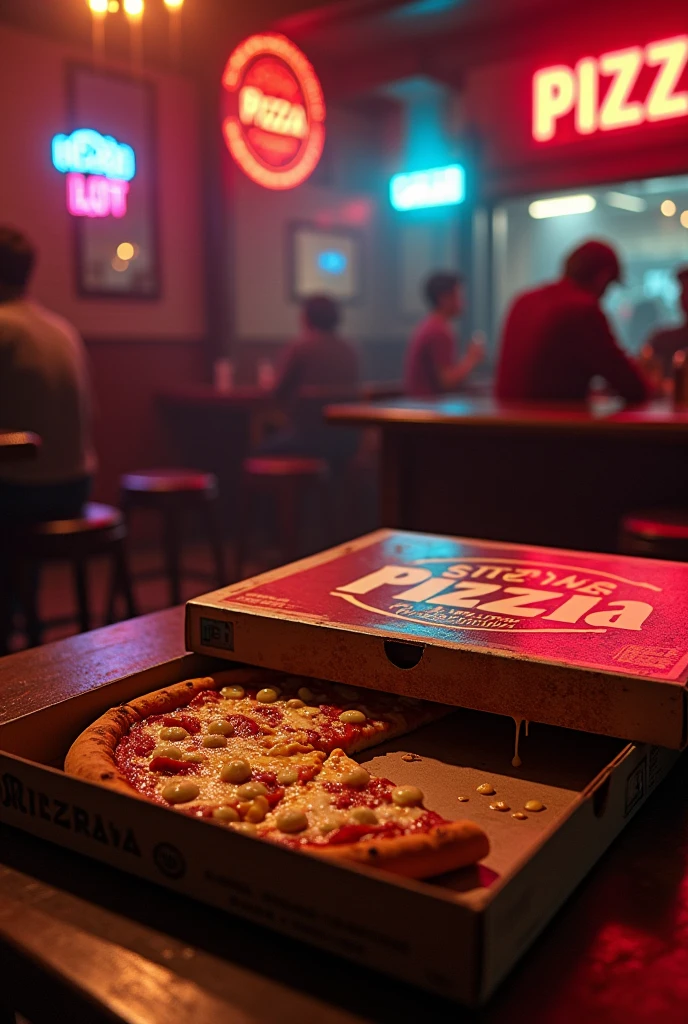 A photo for a CD cover. In 80's hard rock style. A rock bar, a table in front with a half-open mozzarella pizza box, missing some slices and cheese dripping. On the lid of the pizza box there is a logo with the name: "pizzIA".