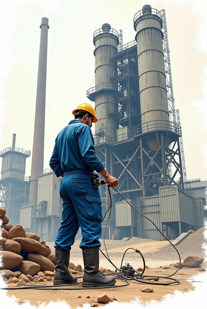Drawing of an electrician with a cement mill behind him
