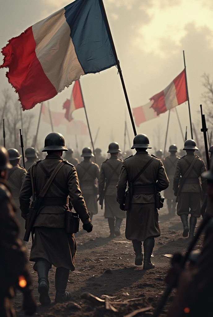 German soldiers retreat from Verdun as French soldiers wave victory flags
