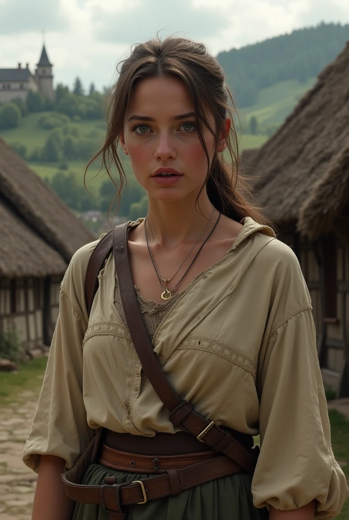 What Indiana Jones' face would look like, being a woman, in peasant clothing, of Polish origin in the Middle Ages (a surprised face)