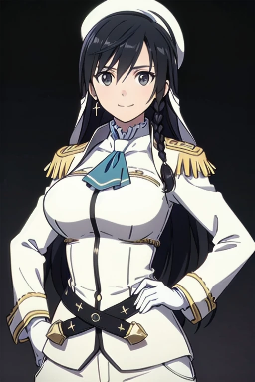 Sonia Blanche, long hair, (very dark brown hair), (black hair), cross earrings, hair ornament, veil, (white military uniform), (long sleeves), epaulettes, (blue ascot), bulletproof vest, gloves, (utility belt), (cargo pants), belt pouches, (white beret), badges, 1girl, solo, upper body, (big breasts), facing viewer, looking at viewer, smile, (dark background), night time