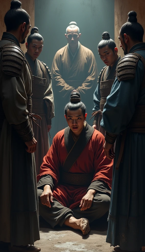 An ancient Chinese commoner is shown being captured by palace guards in a narrow corridor. His face is a mixture of shock, fearow, and determination. The guards are stern and inflexible, dressed in traditional armor. The hallway is poorly lit, with torches casting flickering shadows. No fundo, a shadowy figure of the emperor watches from a distance, its threatening and ominous presence. the commoner is sitting, symbolizing the loss and impending doom of your hair being cut off.