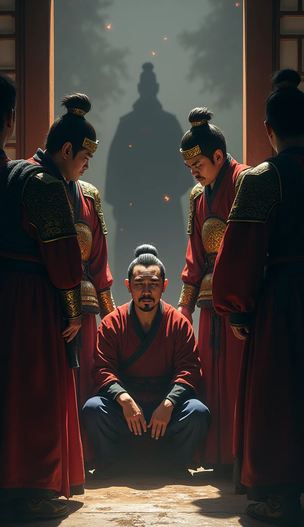 An ancient Chinese commoner is shown being captured by palace guards in a narrow corridor. His face is a mixture of shock, fearow, and determination. The guards are stern and inflexible, dressed in traditional armor. The hallway is poorly lit, with torches casting flickering shadows. No fundo, a shadowy figure of the emperor watches from a distance, its threatening and ominous presence. the commoner is sitting, symbolizing the loss and impending doom of your hair being cut off.