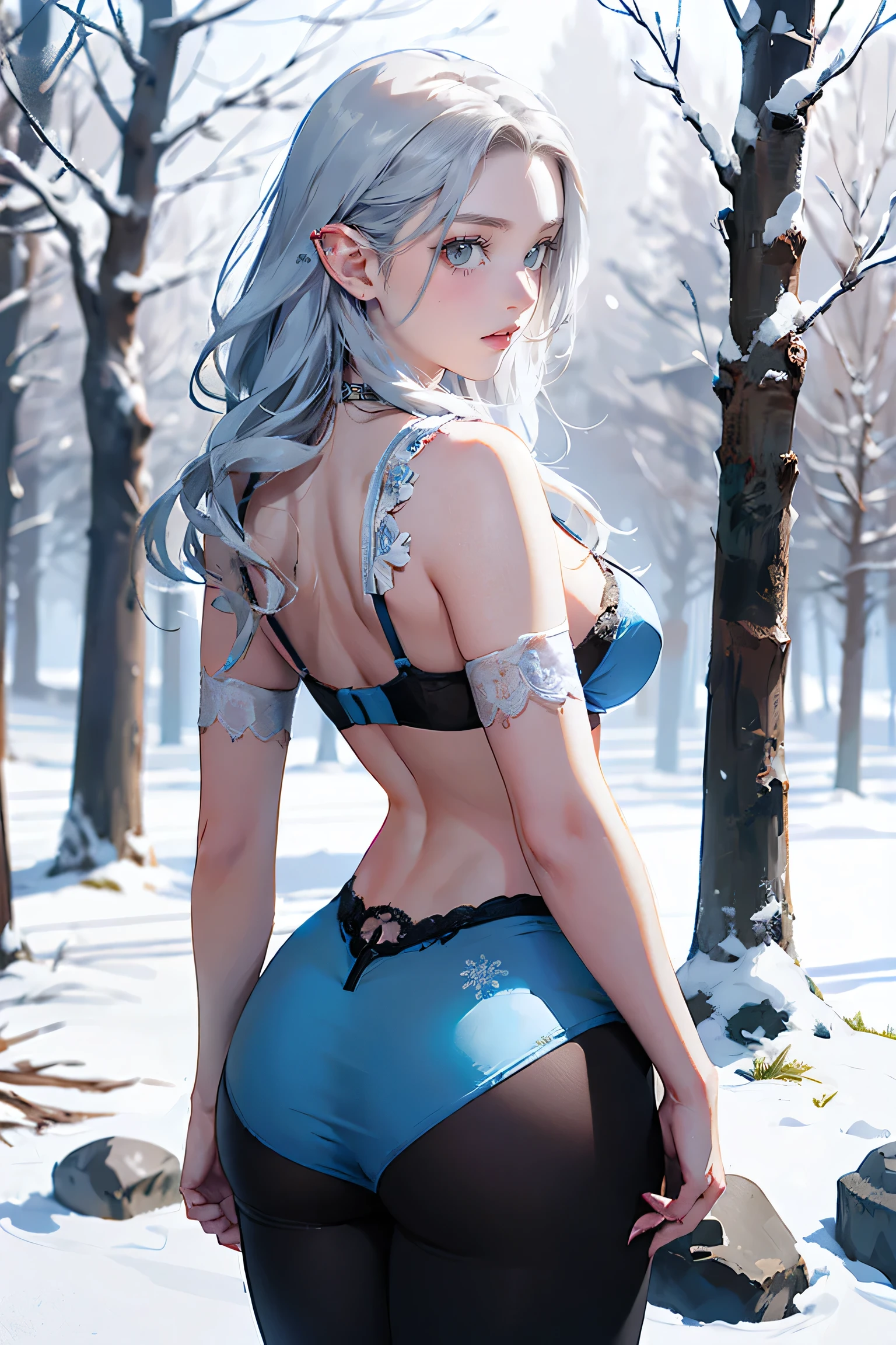 Silver Hair, (Rear View, Rear View),(Highest quality,High resolution,Very detailed,Actual),Target,A world covered in silver, Snow covered branches, , Snowflakes dance like elves, Turning the world into a silver fairy tale, Chill, Quiet and beautiful snow scenery., Cozy and quiet, (Ocean Art 2.1), (Background Frozen white trees Snow falling:1.4) , (Beautiful Blue Eyes、Big stone black eye:1.4) , (Realistic) ,8K high quality, detailed art, Fan Art Best Art Station, Fantasy art style ,(String), (レーザーString), Stockings Bra, Leggings White,Sexy Body,(Mature woman's body), Browsing Caution