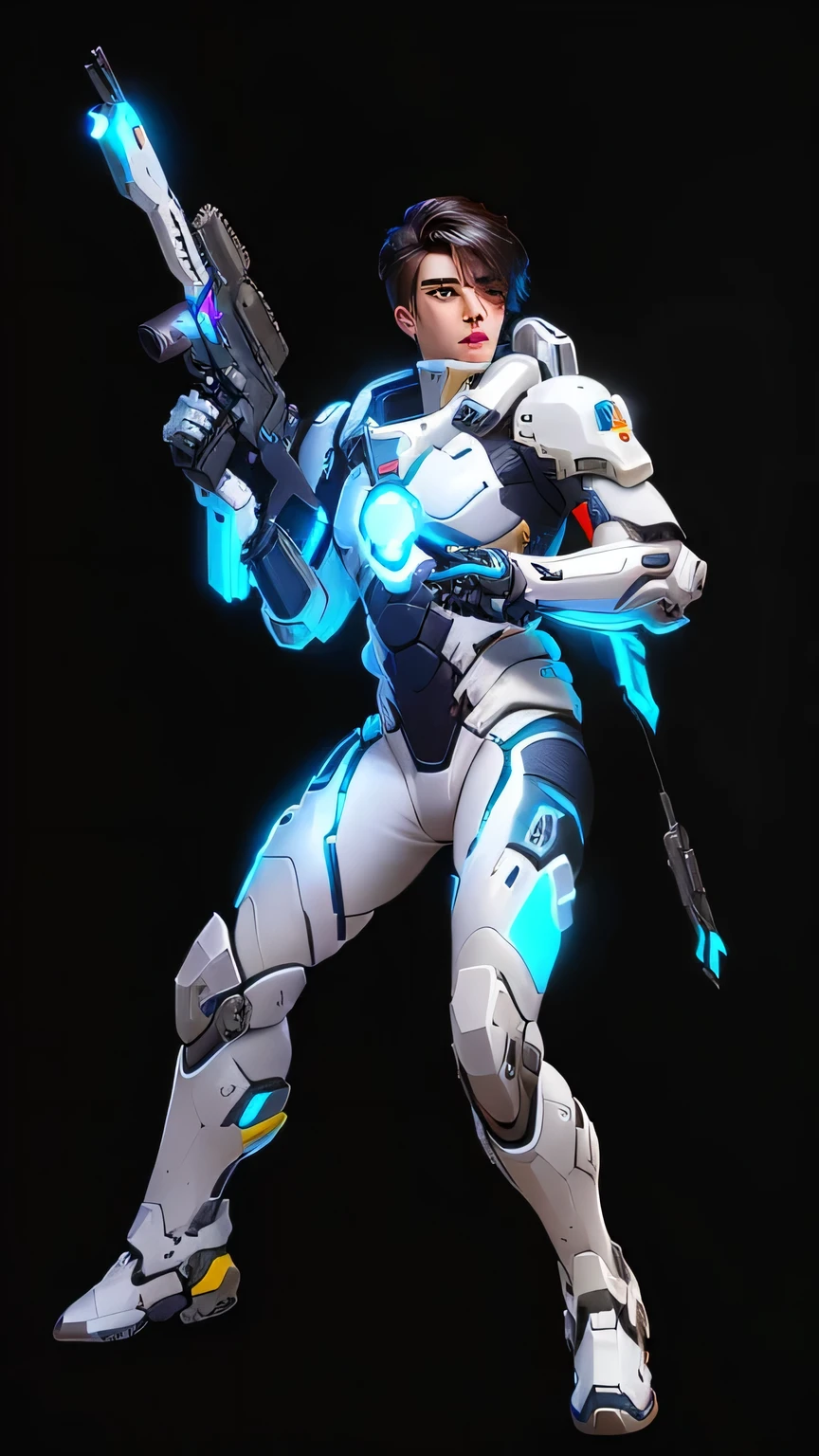 Overwatch sci-fi character art, Wearing sci-fi military armor, Sci-fi characters Sci-fi soldiers, Sci-fi suit,Dressed in futuristic white armor,Cyberpunk boy,Bird's-eye view,Short and clean hair,Caucasian,Cheerful,Looking back at the battlefield in the distance,Wearing a mecha suit,handsome guy,High-definition quality,High-quality posters,8k,