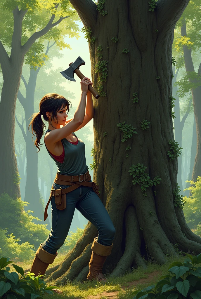 Lady trying to cut a tree