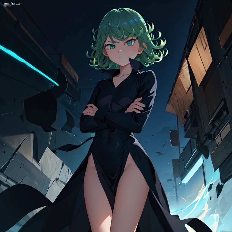 masterpiece, best quality, ultra-detailed, illustration, epic lighting, cinematic composition, 1girl, tatsumaki, flat chest, black dress, pelvic curtain, long sleeves, green eyes, glowing eyes, crossed arms, pouting, closed mouth, piercing gaze,standing, legs apart, from below, looking at viewer, blue sky, (8k:1.1)
