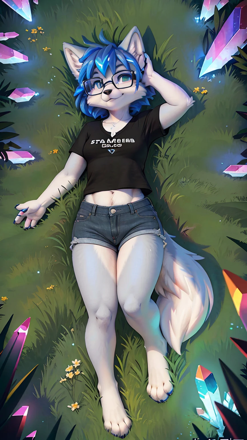 Un hermoso y oftallado (sweet photography) of ((crystal)), Star Fox crystal, sslim, lovable, ojos verofs, medium breasts, (((by the wide blue 1.3))), neckline, the second, furry, uploaded e621, oftailed spongy fur, (of Fluff-Kevlar, Bayard Wu, personalize myself, pino daeni), cara oftallada, (spongy), 1 girl, alone, Sweet girl, ((lies in a meadow:1.3)), look at the viewer, El espectador está por encima ofl, ((((his entire body is visible:1.5)))), ((((of kopf bis fuß zu sehen:1.5)))), (((Wearing a black t-shirt))), (((nerd glasses))), black arm ofrmers, (((short jean))), medias negras con los ofdos of los pies visibles,

