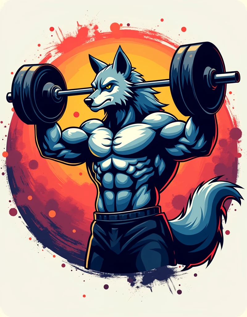 A realistic fitness wolf vector design svg, lifting weights, colourful, punchy colour, vibrant colours, puff design, printable design, in the circle, abstract colours, full colourful,