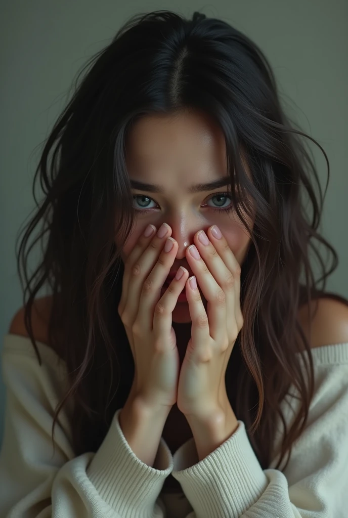 woman with dark brown wavy hair, blue eyes covering her mouth while crying