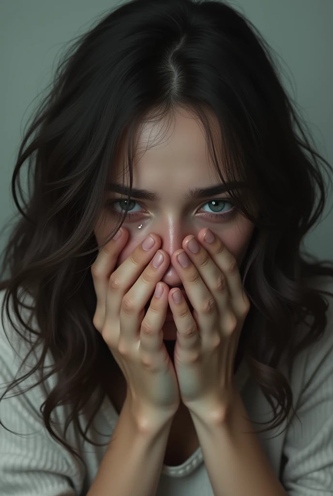woman with dark brown wavy hair, blue eyes covering her mouth while crying