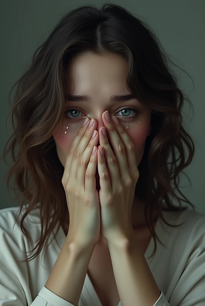 woman with dark brown wavy hair, blue eyes covering her mouth while crying