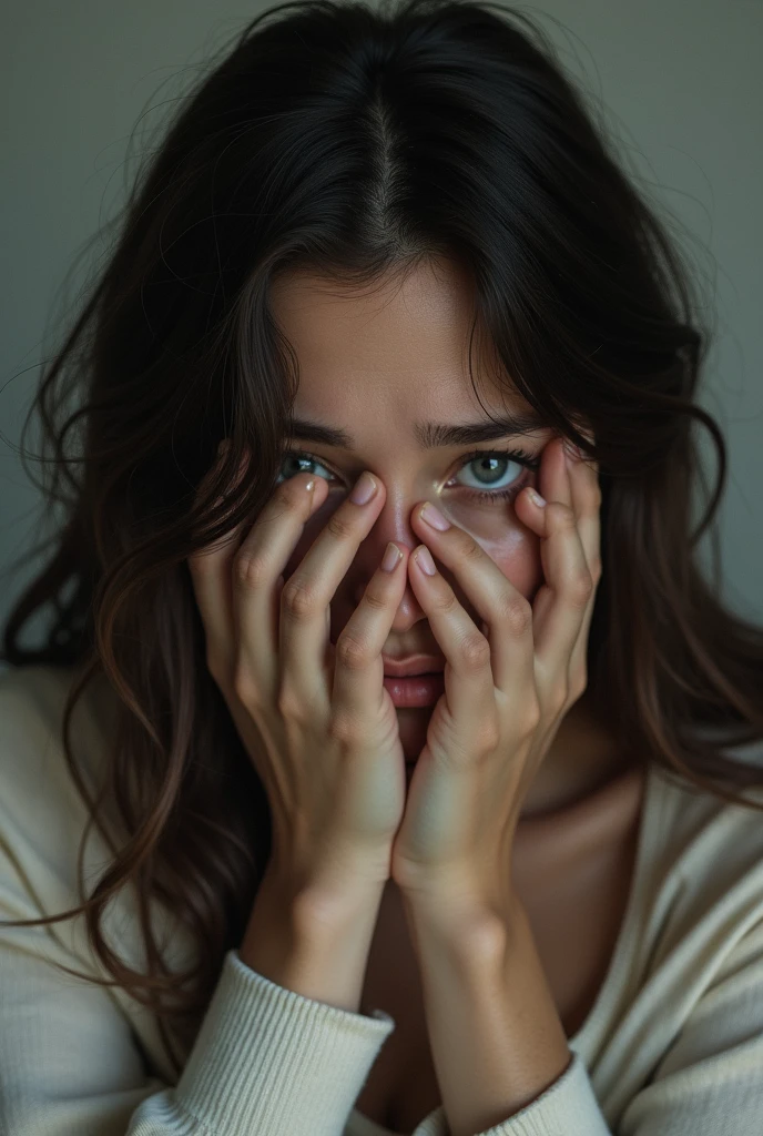 woman with dark brown wavy hair, blue eyes covering her mouth while crying