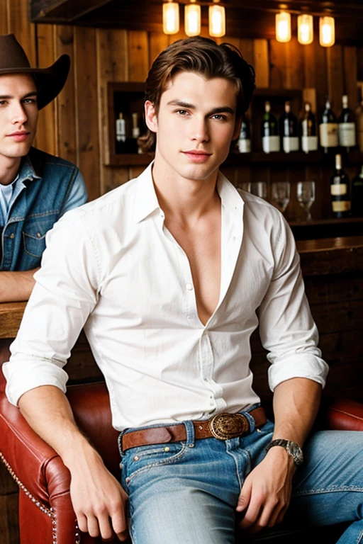 Young handsome cute white skin soft skinny beautiful in a cowboy bar sitting on armchair with two handsome men beside him