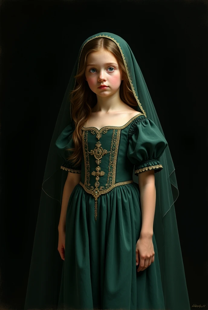 sargent painting. Photorealism、(black background!!!!!), Highest quality、Ultra-high resolution、The most beautiful!!!! pretty!!!!! gorgeous!!!!! young!!!!! 10!!!! year old girl、(very extremely!!!!!! beautiful!!!!!!! highly detailed 10!!!!!!! year old young face). (flat!!!! tiny!!!! chest).thin .(Translucent white!!!!! skin!!!!!). german!!!!!, Big bright blue eyes. brown hair. (she is looking down!!!!), (body half in shadow!!!!!!). ( beautiful detailed dark!!!!!_green!!!!! gown!!!!! with golden details). (beautiful detailed dark!!!!!_green!!!! veil!!!!!! over head with golden details and lots of folds!!!), (bright topdown!!!!!! light!!!!!), (dark shades!!!!!!), contrapposto!!!!!!!!!!!!!!!!!, (receding into the dark!!!!!!!!!!!!). (tiny!!!!!!! waist!!!!!!!!!). dreamy!!!!!!! eyes!!!!