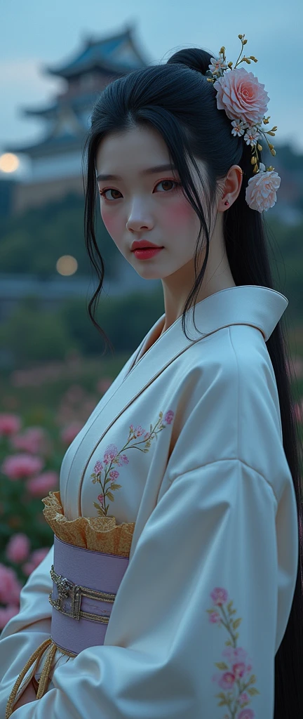 1579 years,Front view , ((whole body, standing in Japanese Osaka castle), The Azuchi-Momoyama Period of Japan, View your viewers, Beautiful Japanese Woman,Her name is Hosokawa Graci, Front view , ((Full-body, standing on garden), a Japanese ancient girl, looking at viewer, girl is 20 years old, (Highly detailed face, Black long hair ,Brown eye, Variegated eyes, Fuller lips, little Lips, serious, hair decoration), (middle breasts, middle hip), (Japanese beautiful white silk kimono, below flower pattern), , night , ((Surrealism, Verism, UHD, retina, masterpiece, anatomically correct, accurate, textured skin, super detail, high details, high quality, best quality, highres, 8k))