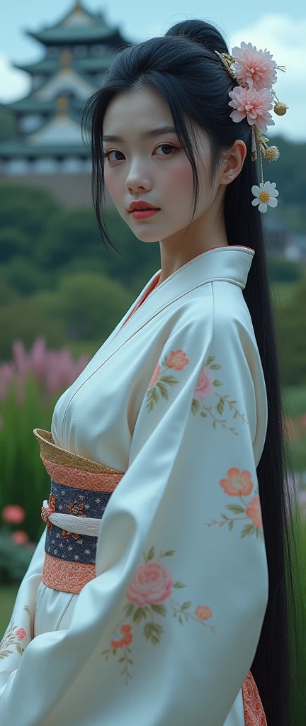 1579 years,Front view , ((whole body, standing in Japanese Osaka castle), The Azuchi-Momoyama Period of Japan, View your viewers, Beautiful Japanese Woman,Her name is Hosokawa Graci, Front view , ((Full-body, standing on garden), a Japanese ancient girl, looking at viewer, girl is 20 years old, (Highly detailed face, Black  long hair ,Brown eye, Variegated eyes, Fuller lips, little Lips, serious, hair decoration), (middle breasts, middle hip), (Japanese beautiful white silk kimono, below flower pattern), , night , ((Surrealism, Verism, UHD, retina, masterpiece, anatomically correct, accurate, textured skin, super detail, high details, high quality, best quality, highres, 8k))
