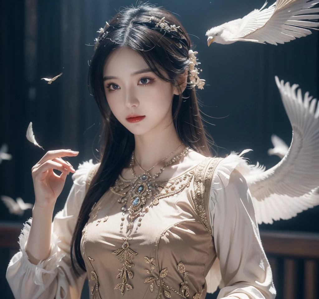 The scene is atmospheric、wide, Pictures of ancient sacrifices, Smoky, Birds in human clothes are dancing, Sunday, (Detailed clothing details, Delicate clothing lighting), Vaguely visible, Detailed bird feathers, Complicated visuals, (Full of weird and mysterious pictures), Cloudy background, The photos are realistic, 8K,