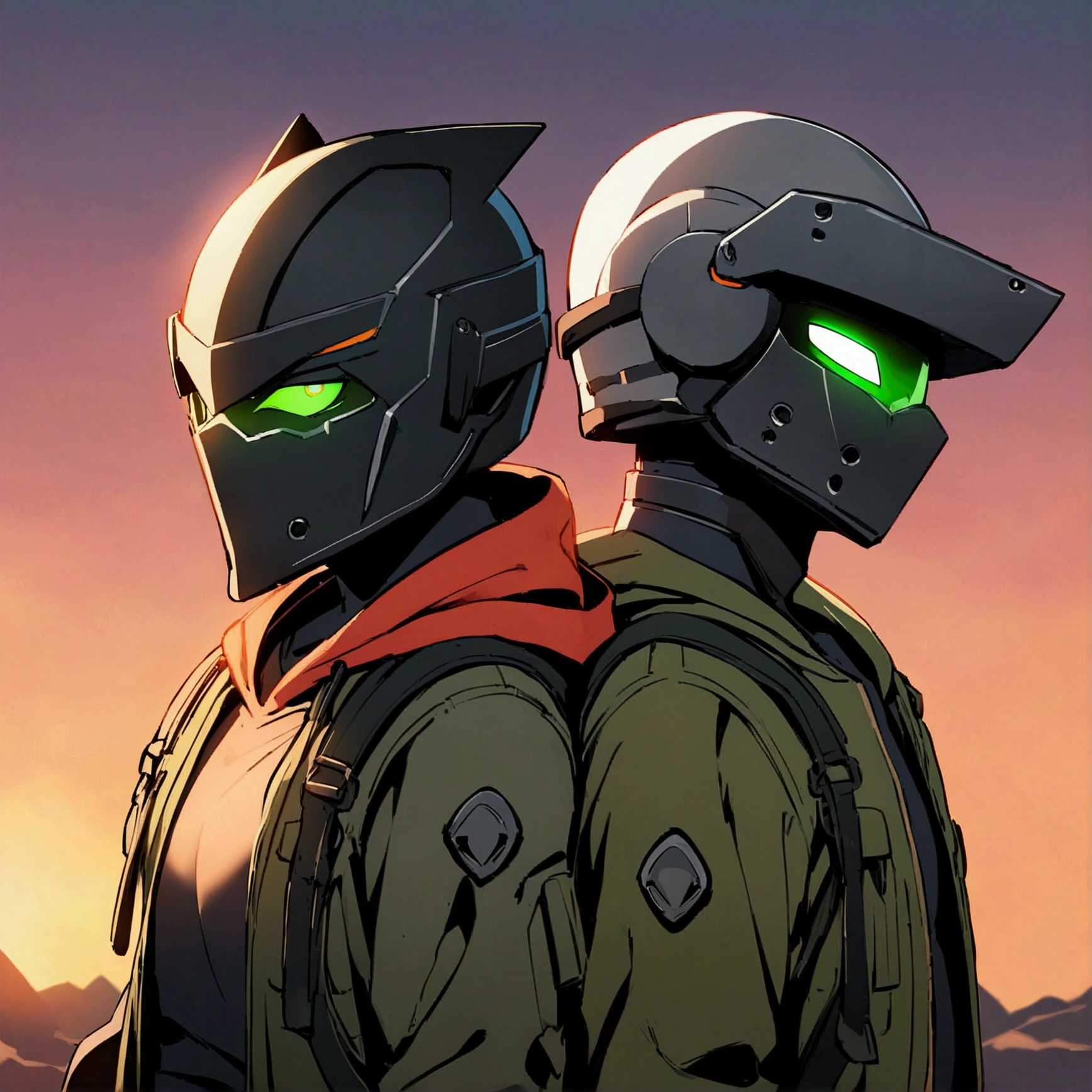 (masterpiece), best quality, high detailed, Male, full-face helmet. matte black helmet with a smooth, curved surface, DC_Deathstroke_helmet, Jason tood's helmet, Black and grey bodysuit, tight shirt, Open Cropped Jacket, Dark green jacket. webbing rig, Dark green cargo pants. Sunset background, Green eyes, eye shaped lenses, DC_Red_Hood's helmet