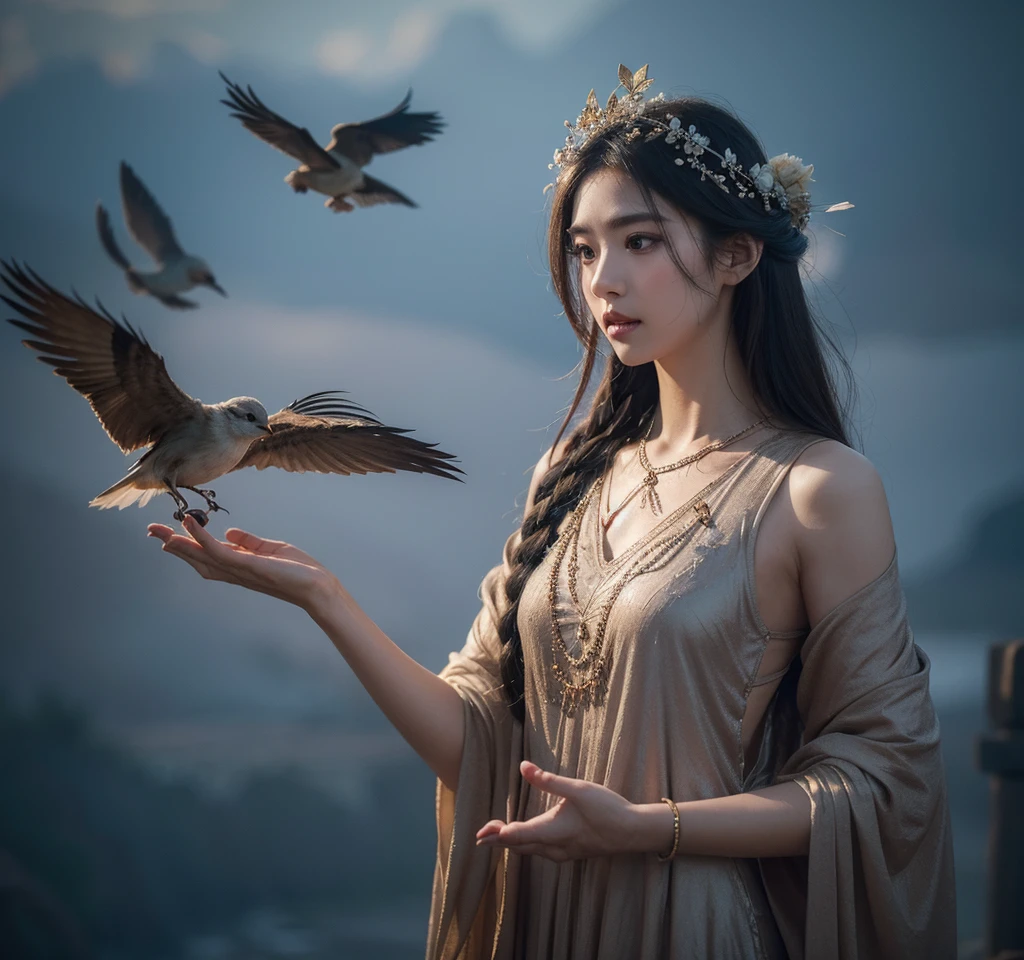 The scene is atmospheric、wide, Pictures of ancient sacrifices, Smoky, Birds in human clothes are dancing, Sunday, (Detailed clothing details, Delicate clothing lighting), Vaguely visible, Detailed bird feathers, Complicated visuals, (Full of weird and mysterious pictures), Cloudy background, The photos are realistic, 8K,