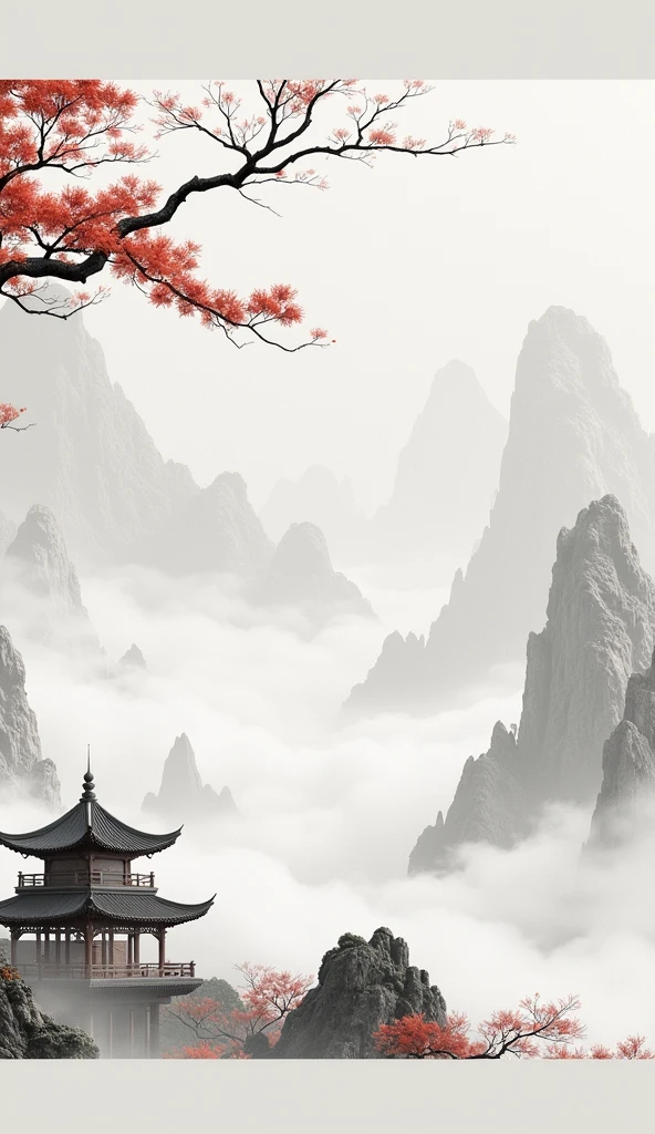Chinese style,Mountain,cloud,pavilion,Ink Painting,Elegant,Magnificent momentum,Leave white space in the middle of the screen