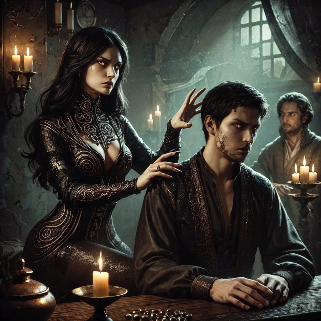 A powerful female warrior, the "Mother of Shadows", stands alone in a dimly lit room of an abandoned desert house. Moonlight filters through a cracked window, casting a silver glow on her imposing silhouette. Clad in dark leather armor, her generous curves are accentuated, but tension builds within her. The intense heat she feels from her belly to her chest, heavy with a surge of milk, becomes almost unbearable. Under this pressure, her bodice gives way, unleashing an inner force. Though her body betrays signs of transformation, Kristina keeps her gaze fixed, determined to remain in control of her emotions. The shadows in the room seem to move around her, drawn to her powerful and mysterious presence, but she remains a figure of dominance, ready to face what lies ahead.
