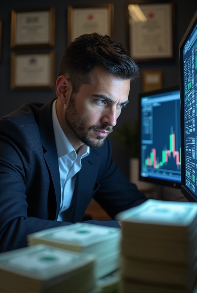 A male trader looks at a computer screen with a graph on a pile of money.